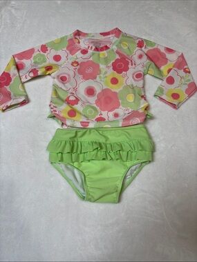 First Impressions Pink & Lime Green Floral Long-Sleeve Rashguard Swim Set